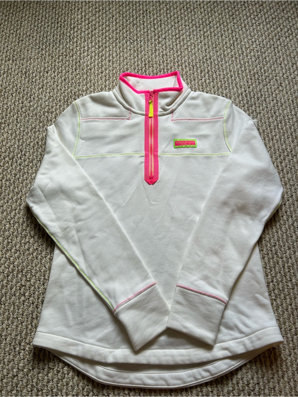Vineyard Vines White Pullover with Neon Pink & Lime Accents